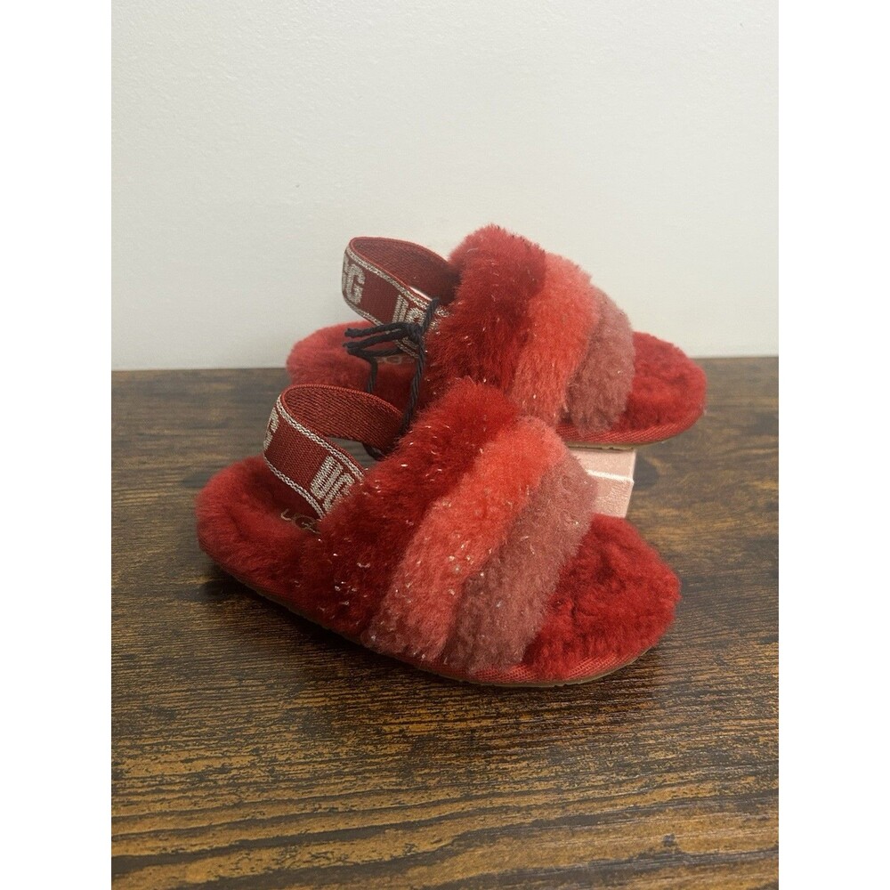 UGG Toddlers' Fluff Yeah Metallic Sparkle Slippers In Red Featuring Logo Size 7